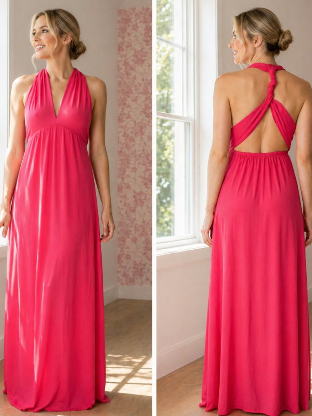 ICON APPAREL Womens XL Summer Elegant Pink Halter Neck Back Twist Maxi Dress
